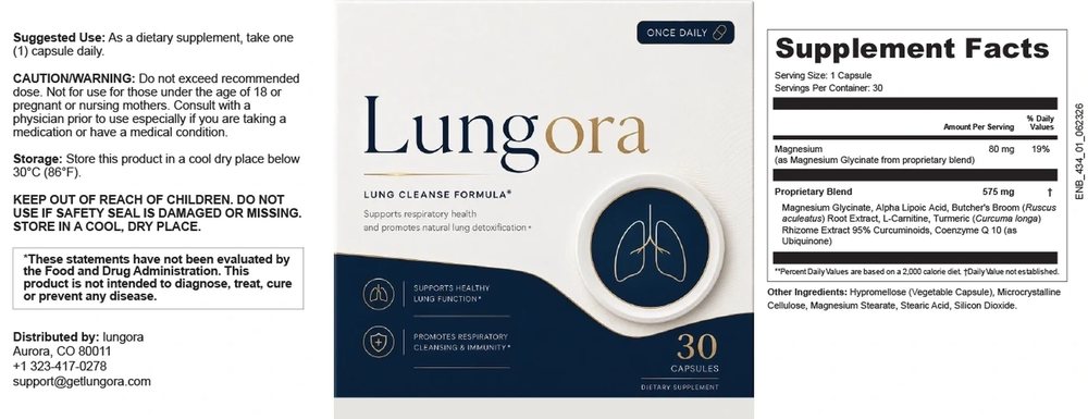 The full Lungora label artwork: suggested use, caution and storage on the left, the front panel in the middle, the Supplement Facts panel on the right