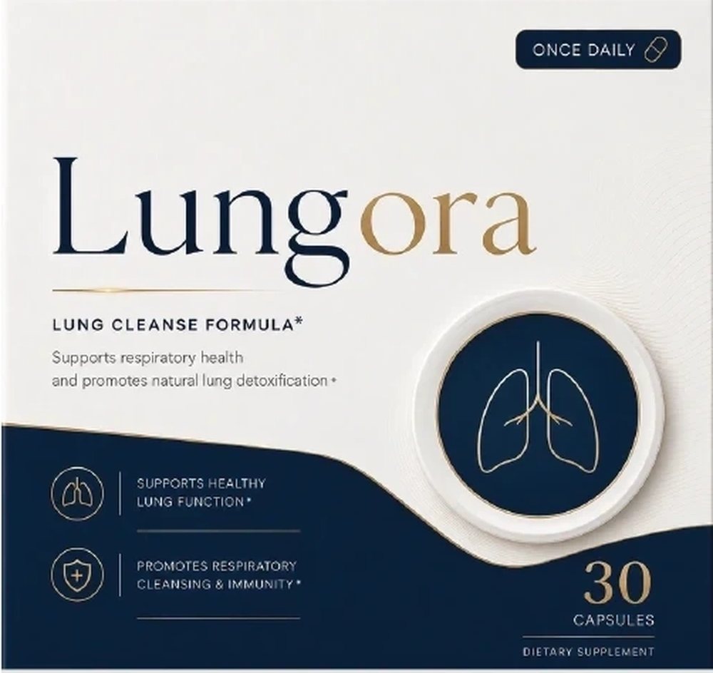The Lungora front panel from the label artwork: Lungora, Lung Cleanse Formula, supports respiratory health and promotes natural lung detoxification, 30 capsules