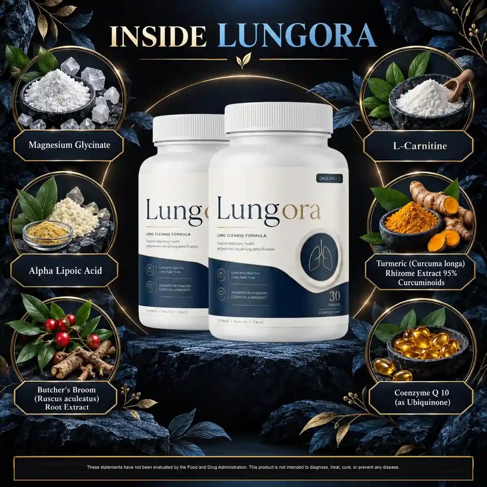 The Inside Lungora marketing graphic: six ingredients named in a ring, with no amounts against any of them