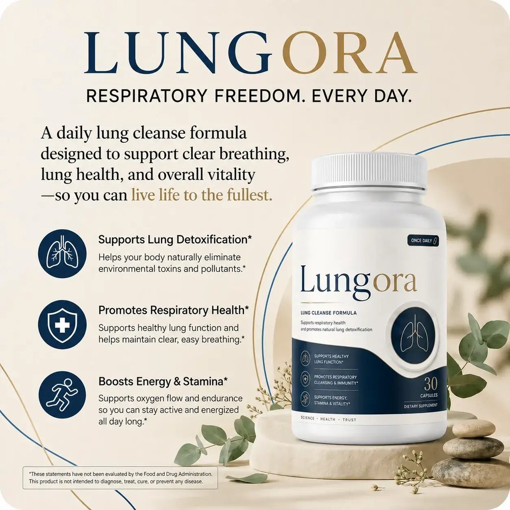 The Lungora benefits graphic headed Respiratory Freedom Every Day, showing a bottle with three bulleted claims